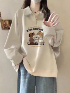 เสื้อแจ็คเก็ตแฟชั่นพิมพ์ลายการ์ตูนสำหรับผู้หญิง สีกรมท่า ทรงหลวม ครึ่งซิป เสื้อสเวตเตอร์ฤดูใบไม้ร่วง/ฤดูหนาว ผ้าขนแกะผสมโพลีเอสเตอร์