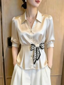 SHUAIYUE | Áo Blouse Eo Dây Nơ Tay Xòe Trắng