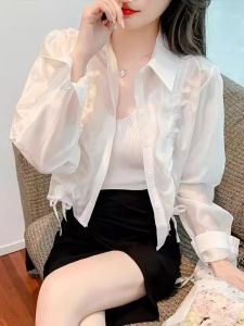 เสื้อเชิ้ตผู้หญิงบางฤดูร้อนป้องกันแสงแดด แขนยาว ทรงสลิมฟิต คอวี สายรัด เสื้อคลุมคาร์ดิแกน หมุดปก เสื้อผ้าทำงาน