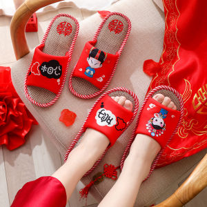 Summer Wedding Slippers Bridegroom Bride Dowry Newlyweds Couple Festive a Pair in Red Home Fancy Platform Plus