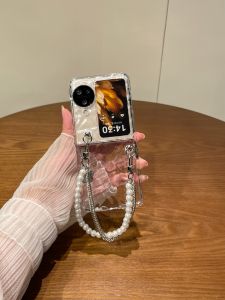 Oppo Find N2 Flip Wave Pattern Transparent Protective Case Ultra-Thin Fashionable Womens Mobile Phone Cover with Hand Chain