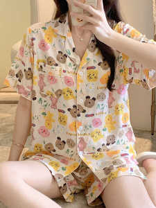 สไตล์เกาหลี การ์ตูน พิมพ์ ผ้าฝ้าย ผ้าไหม กิโมโน ปลอก ชุดนอน ผู้หญิง ฤดูใบไม้ผลิ ฤดูร้อน ลำลอง ชุดบ้านสามารถสวมใส่นอกแบบบาง