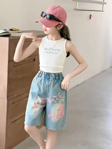 Trendy Graffiti Denim Shorts For Kids Girls Summer Casual Wide-leg Pants Streetwear Maong Shorts For Kids Girls Loose Versatile OOTD Kids Shorts For Girls