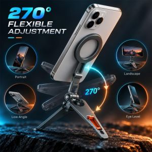 Foldable Magnetic Phone Holder Aluminum 270 Degree Tilt MagSafe Compatible Desktop Stand Handheld Tripod Adapter with Magnetic Ring