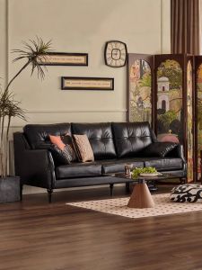 Italian Style Luxury Black Leather Sofa Three-Seater Living Room Minimalist American Vintage Straight Row Couch
