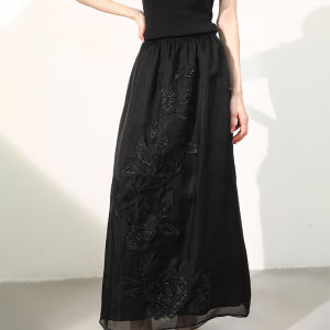 Miccbeirn | Elegant A-Line Midi Skirt Embroidered Shiny Sequins Heavyweight Silk Charmeuse High Waist Silk Mulberry For Business Commute