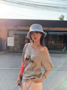 Li Xing Meng Dog Print Crop Top Short Sleeve T-Shirt Womens Summer Slimming Pure Desire Shoulder Baring Design Commute Style