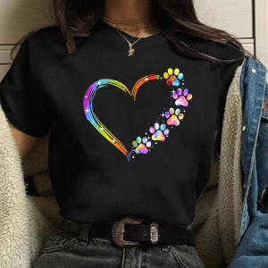 Colorful Heart Paws Printed T-shirt Tops Fashion Heart Dogs Paw Print Casual Tops Summer Cartoon Graphic Printed Tees Black Tops