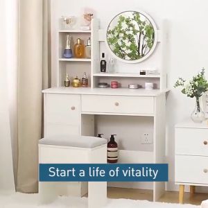 【24-hour shipping】Elegant White Dressing Table with LED Light Mirror and Storage Shelves Modern Bedroom Vanity with Free Standing Features Bedroom Storage Furniture COD