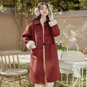 MUTU | Áo Khoác Lông Cừu Nút Góc Dày Ở Độ Dài Trung Bình