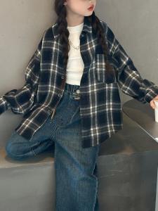 Girls Spring Cotton Shirt Loose Long Sleeve Plaid Childrens Clothing Fashionable Pure Cotton Black Blue Stripes Kids Blouse