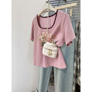 Áo Thun Nữ Tay Ngắn Cổ Vuông Dáng Ôm Mùa Hè Cotton Phong Cách Hàn Quốc Thời Trang Che Bụng Giảm Béo