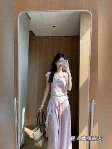 LIRENQING | Beach Resort Style Pink Stripe Summer Outfit Set