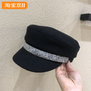 Fashionable Street Style Navy Cap Womens Short Brim Flat Top Octagonal Hat Diamond Embellished Trendy Street Peddler Cap