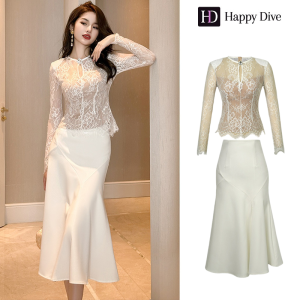 Happy Diva ชุดเซ็ท 2 ชิ้น ผญ เสื้อลูกไม้+กระโปรงซาติน สีดำ สีขาว เดรสทำงาน เดรสออกงาน เดรสผู้หญิง เดรสเซ็กซี่ เดรสเกาหลี 20333/4