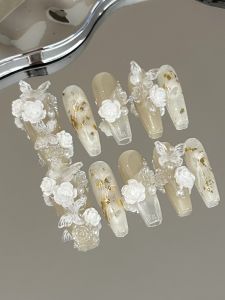 Handmade Long Nail Tips Ice Transparent Luxury White Camellia Butterfly Gentle Elegant Fake Nails Wearable Nail Art Accessories