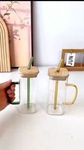 CozE Borosilicate Glass 400ml Water Cup With Colorful Straw Bamboo Lid Transparent Glass With Handle