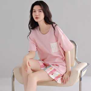 MiiOW | Pure Cotton Sleepwear Womens Short Sleeve Short Pants With Chest Pad Outdoor Wearable Summer Casual Home Clothes Set