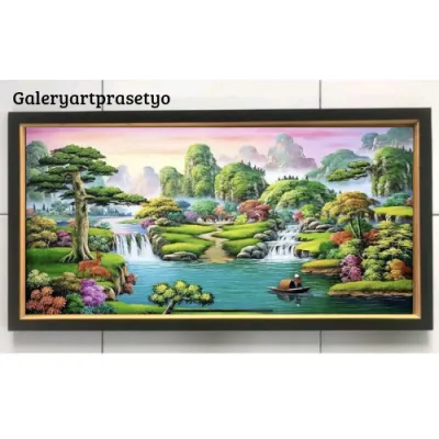 Hiasan dinding lukisan cetak pemandangan indah air terjun plus bingkai ukuran 100x50cm
