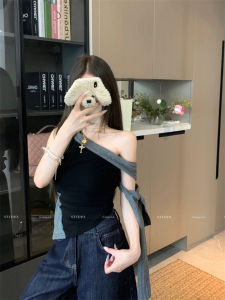 GUZILIAN | Summer Pure Desire Sweet Spicy Color Block Shoulder Bared Sleeveless Womens T-Shirt With Sash Uneven Hemline Top Korean Style