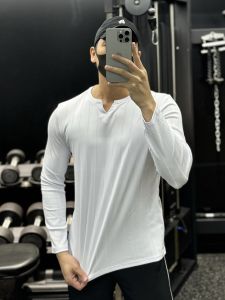 Mens Long Sleeve T-Shirt V-Neck Sportswear Quick Dry High Elasticity Training Running Yoga American Muscle Fitness Upper Body