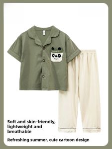 Miiow | Pure Cotton Childrens Sleepwear Short Sleeve Long Pants Cartoon Boy Home Clothes Set Suitable For Outdoor Wear Summer Kids Outfits