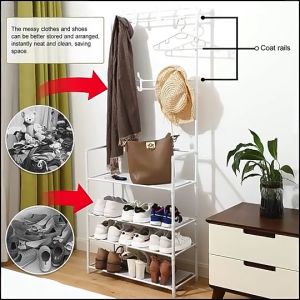 Kệ giày 5 tầng kèm móc treo đồ hình chữ H Kệ Giày Chữ L Để Giày Dép Và Treo Quần Áo Tiện Lợi Sang Trọng