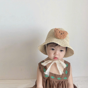 Mũ (Nón) Cói mềm đính mặt gấu dễ thương cho bé đi học đi chơi.