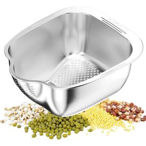 Rice Washer Strainer Bowl Stainless Steel 304 Washing Bowl with Side Drainers for Cleaning Rinsing Fruits Vegetables And Beans