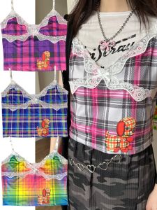 น่ารัก Bunnybunnygun Original ดีไซน์ Harajuku Style Layered ฤดูร้อน Girls Checkered ยืดได้ น่ารัก สายคล้อง เสื้อท่อนบน โพลีเอสเตอร์ Blend