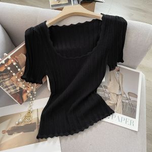 PAILAKOU | เสื้อยืดถักบางสำหรับผู้หญิง แขนสั้น ฤดูร้อน 2025 แฟชั่นใหม่ สไตล์ฝรั่งเศส เสื้อคอเหลี่ยมผ้าไหมน้ำแข็ง เสื้อแขนสั้นเอวสูง