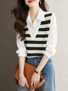 Stylish Versatile Striped Blouse Fake Two-Piece