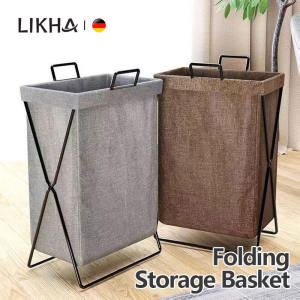 LIKHA Dirty Clothes Storage Basket Household Foldable Laundry Basket Organizer with Bracket Grey Brown Storage Basket