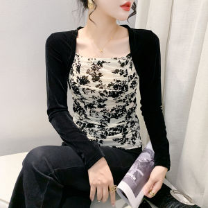 YIMEI Fashion Large Womens Autumn and Winter New Printed Velvet T-shirt Long Sleeve Fake Two Piece Top Versatile Black Square Neck Pullover