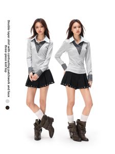 Apea | Vintage American Style Layered Double Shirt Collar Knitted Sweater