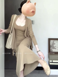 French Vintage plus Size Strap Dress Atmosphere Sensation Two-Piece Set Elegant Long Skirt High Waist No-Sleeve Square Collar