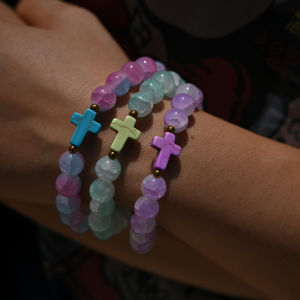10mm Glass Beads Cross Bracelet for Women Elastic Cord Wrap Charm Femme Bracelet Fashion Jewelry Accessories