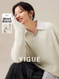 Yigue | V-neck Drop Shoulder Sleeve Commuter Knitted Sweater