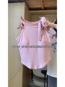 Pink Sleeveless Crewneck Short Length Summer Tank Top for Women Sweet Style White Brightening Effect No Sleeve Top Ideal for Girls
