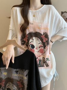 เสื้อยืดผ้าชีฟองแขนสั้นพิมพ์ลายการ์ตูนสำหรับผู้หญิงไซส์ใหญ่ ทรงหลวม แฟชั่นฤดูร้อน เสื้อผ้าทำงานสไตล์เกาหลี