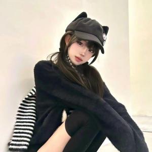 Cute Cartoon Cat Ear Baseball Cap Womens Casual Outdoor Anime Hat Short Brim Flat Top Polyester Fiber Spring Summer Autumn