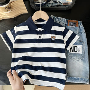Loose Korean Style Childrens Polo Shirt Summer New Style Boys Fashionable Collar T-Shirt Baby Stripe Cartoon Top