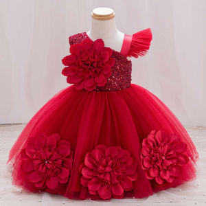 New Red Single Shoulder Sparkling Flying Sleeve Babys Birthday Party Dress 0-6 Year Old Girl Pageant Dresses for Toddler Girls