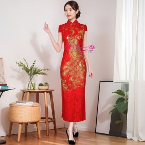 Red Long Cheongsam Dress Phoenix Ceremony Dress for Married Women Returning to Their Hometown for Festive Gathering