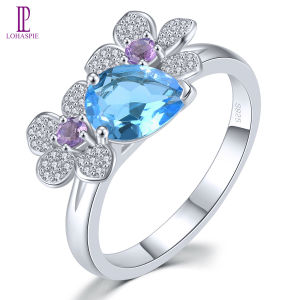 Lohaspie Jewelry Genuine 1.5 Carats Solid Sterling Silver 925 Ring Natural Swiss Blue Topaz Ring Wedding Ring For Women 925 Silver Original Ring 925 Silver Jewelry