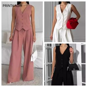 ชุดสตรีสีทึบเสื้อกั๊กเสื้อกั๊กเสื้อกั๊ก V คอเดี่ยวแขนกุดกางเกงชุดสองชิ้นฤดูร้อน