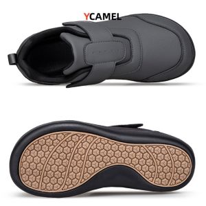 YCAMEL Men diabetes foot sports shoes PU Leather Waterproof Women Walking Shoes gout foot swelling wide foot deformed foot toe valgus Non Slip Hook Loop elderly walking shoes