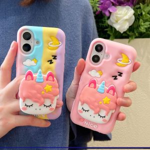 Hot Liquid Silicone Phone Case: Innovative Telescopic Holder & Colorful Unicorn Shape with Bracelet for iPhone 11-16