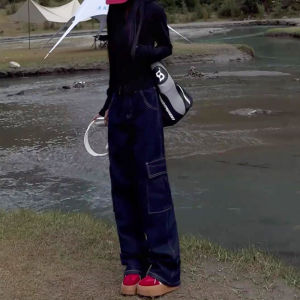 ชุดทํางานสีน้ําเงินเข้มขากว้าง กางเกง ผู้หญิง 2024 อินเทรนด์ กางเกงยีนส์ ยาว กางเกงขายาว หลวม พรางหุ่น ตัดตรง กางเกงลำลอง