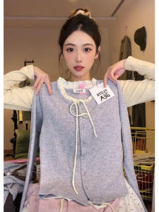 Sweet Style American Lace Edge Knitted Top Womens Butterfly Knot Belted Buttoned Open Cardigan Coat Winter Long Sleeve round Neck